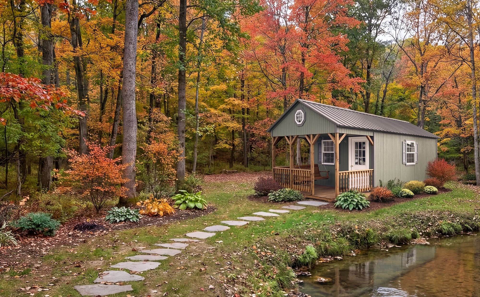 Shed cabin in forest with porch next to a pond